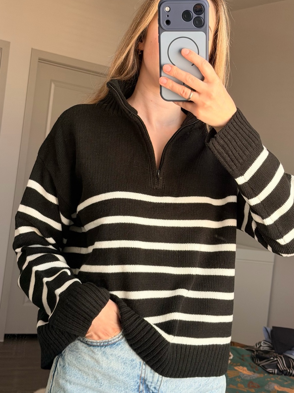 Black & White Striped Half-Zip Turtleneck Sweater